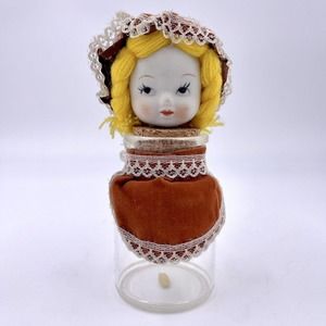 Vintage Sewing Pin Cushion Female Doll Head And Hat With Thread Holder Jar